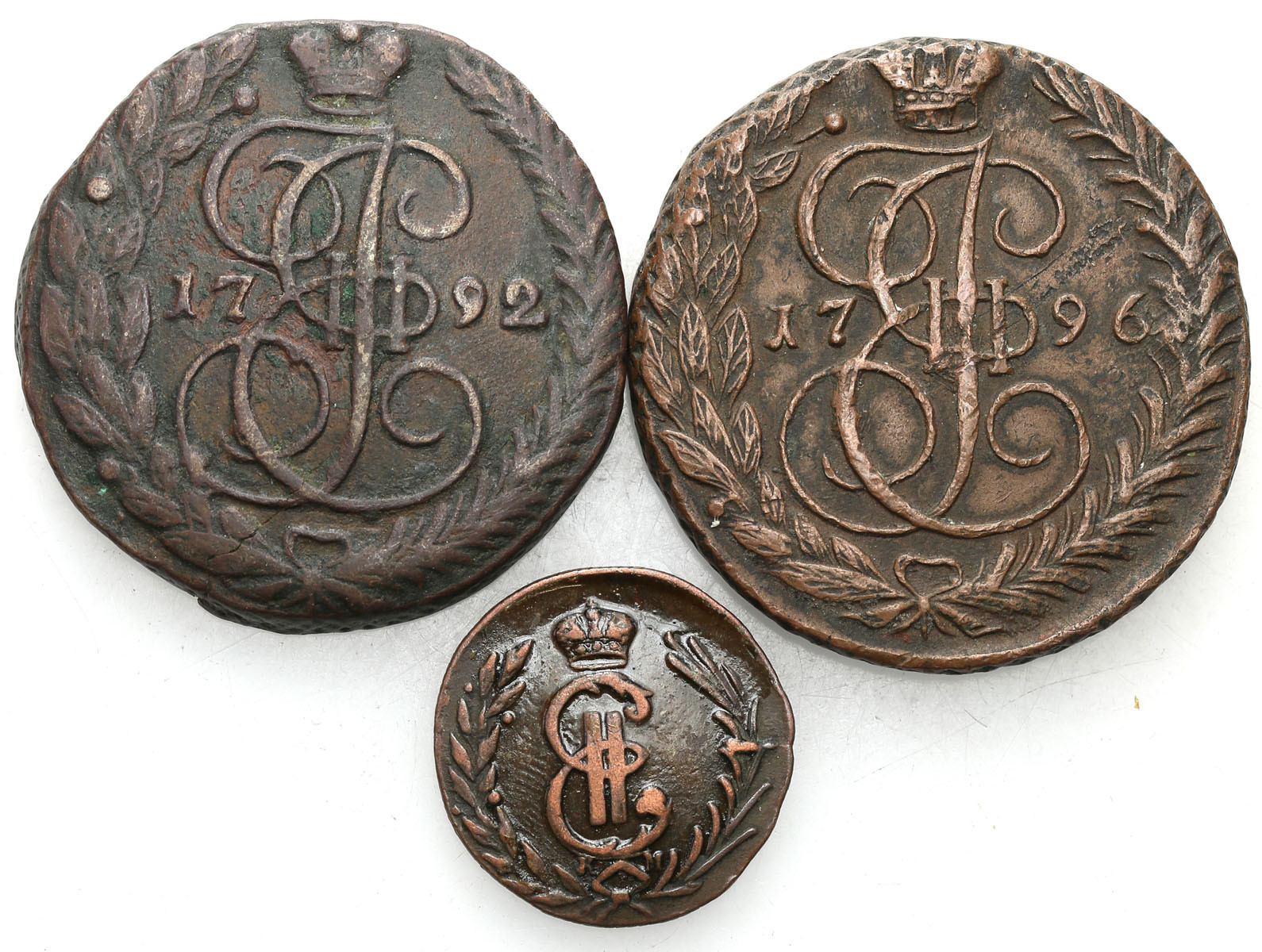 Rosja, Katarzyna II. Kopiejka 1776 KM, 5 kopiejek 1792, 1796 EM, Jekaterinburg, zestaw 3 sztuk